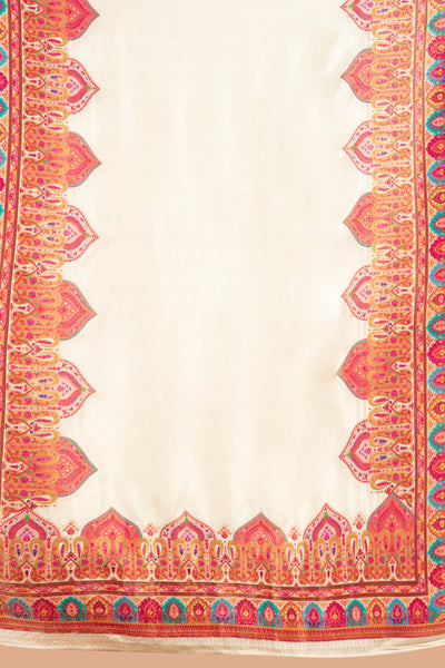 Pearl White And Berry Pink Woven Silk Unstitched Suit Set