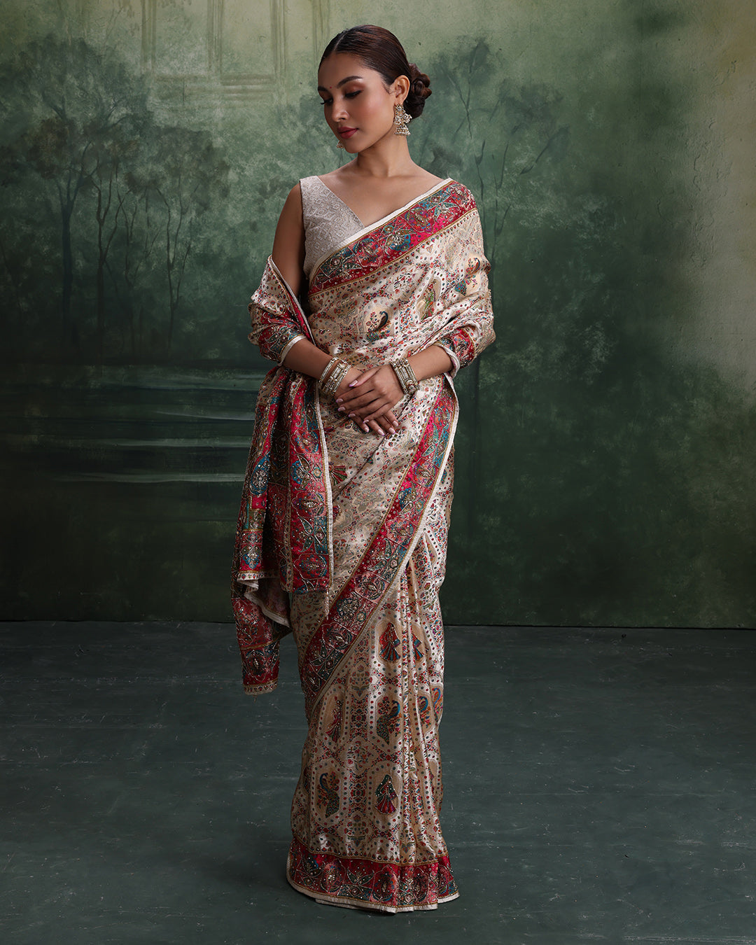 Pearl White Baraat Motif Dola Silk Embellished Saree With Unstitched Blouse Fabric