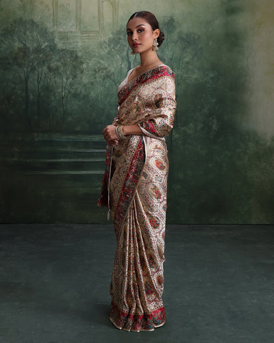 Pearl White Baraat Motif Dola Silk Embellished Saree With Unstitched Blouse Fabric