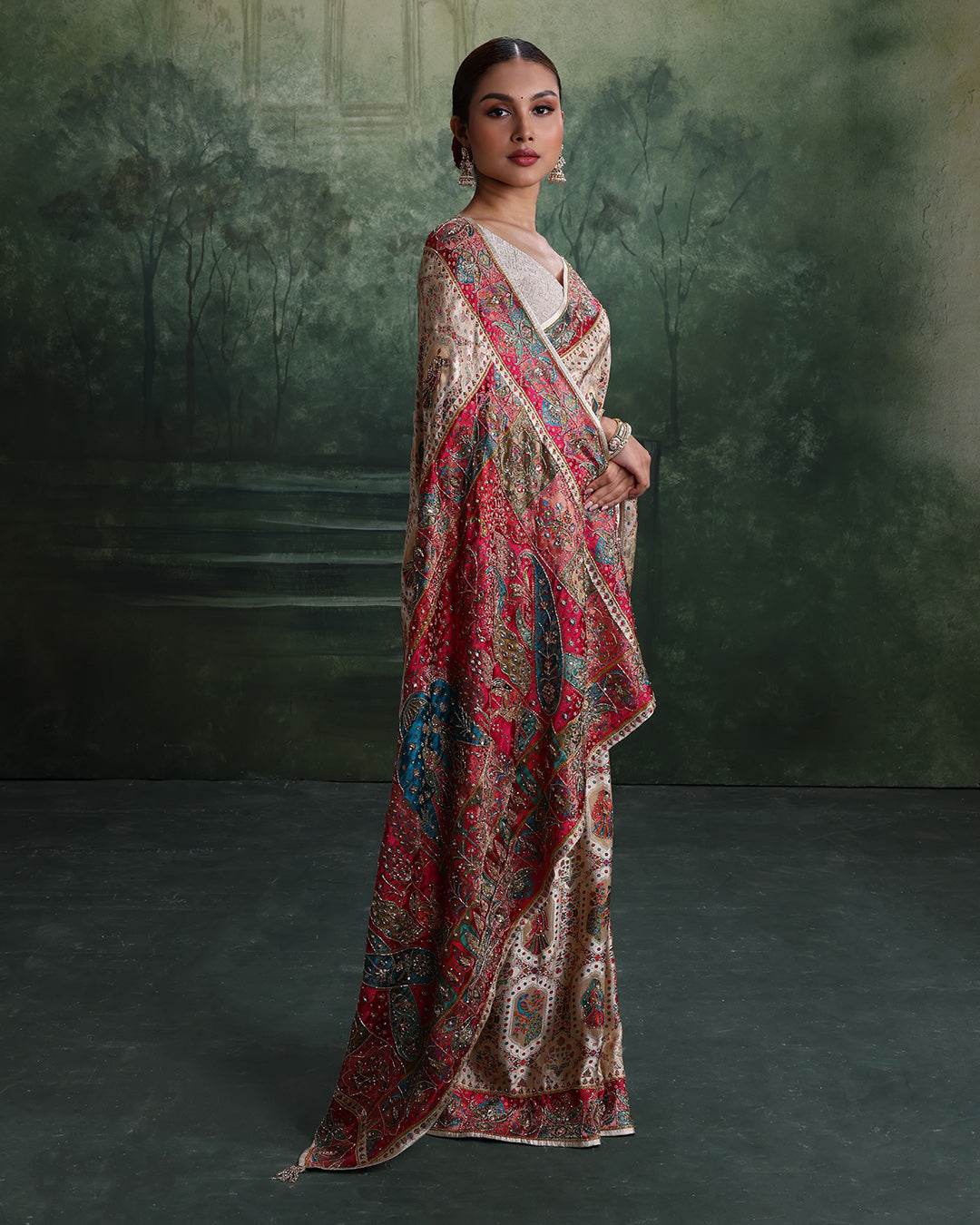 Pearl White Baraat Motif Dola Silk Embellished Saree With Unstitched Blouse Fabric