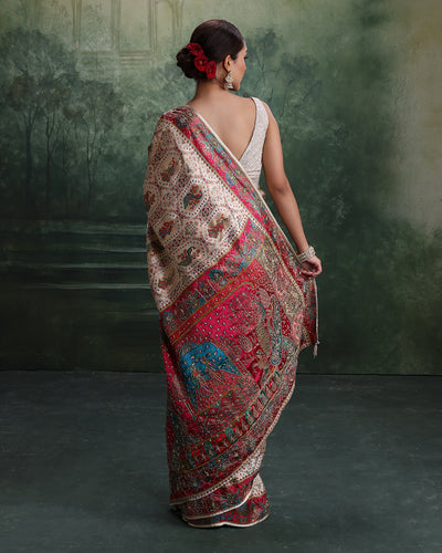 Pearl White Baraat Motif Dola Silk Embellished Saree With Unstitched Blouse Fabric