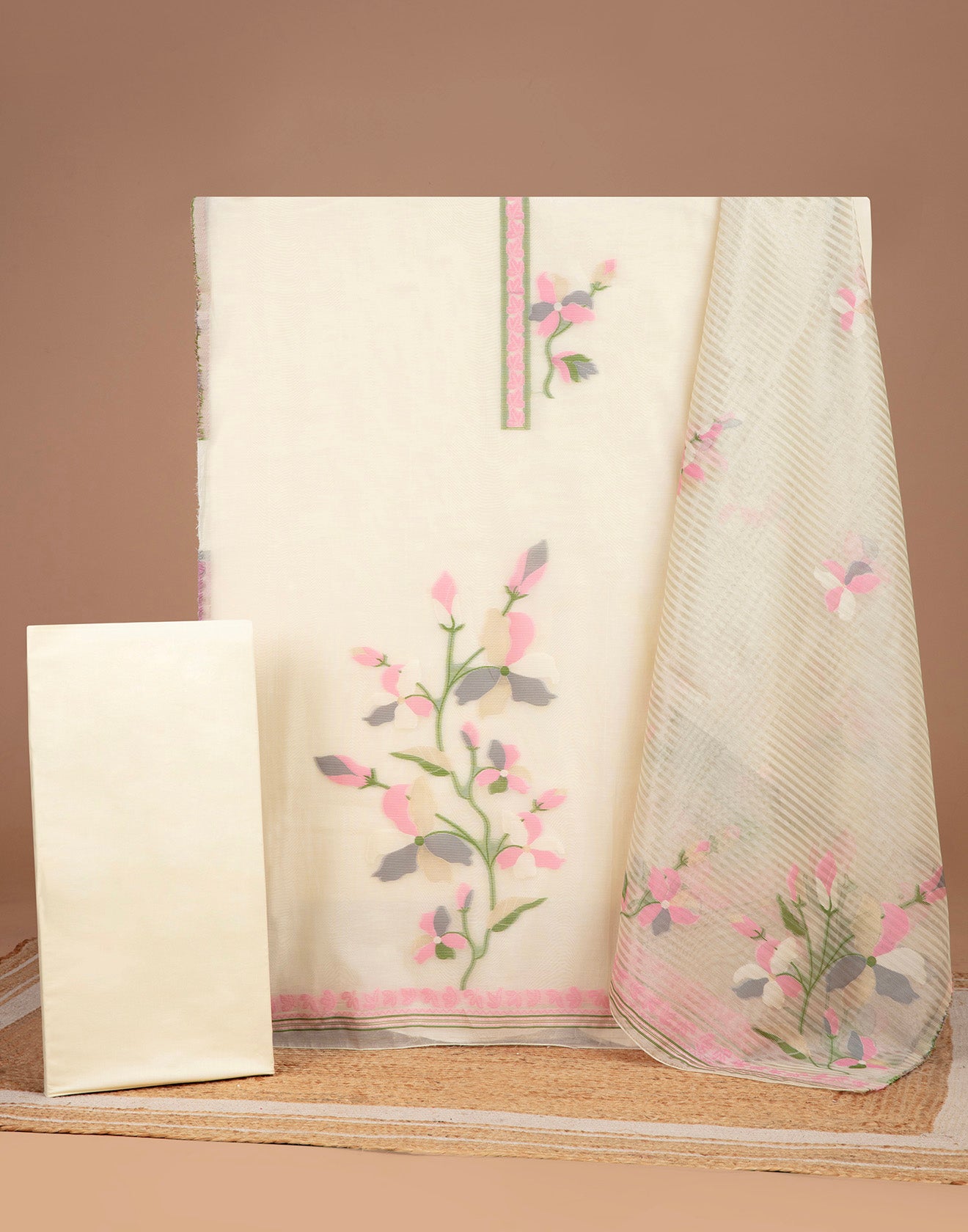 Pearl White With Pastel Contrast Floral Woven Jaal Unstitched Suit Set