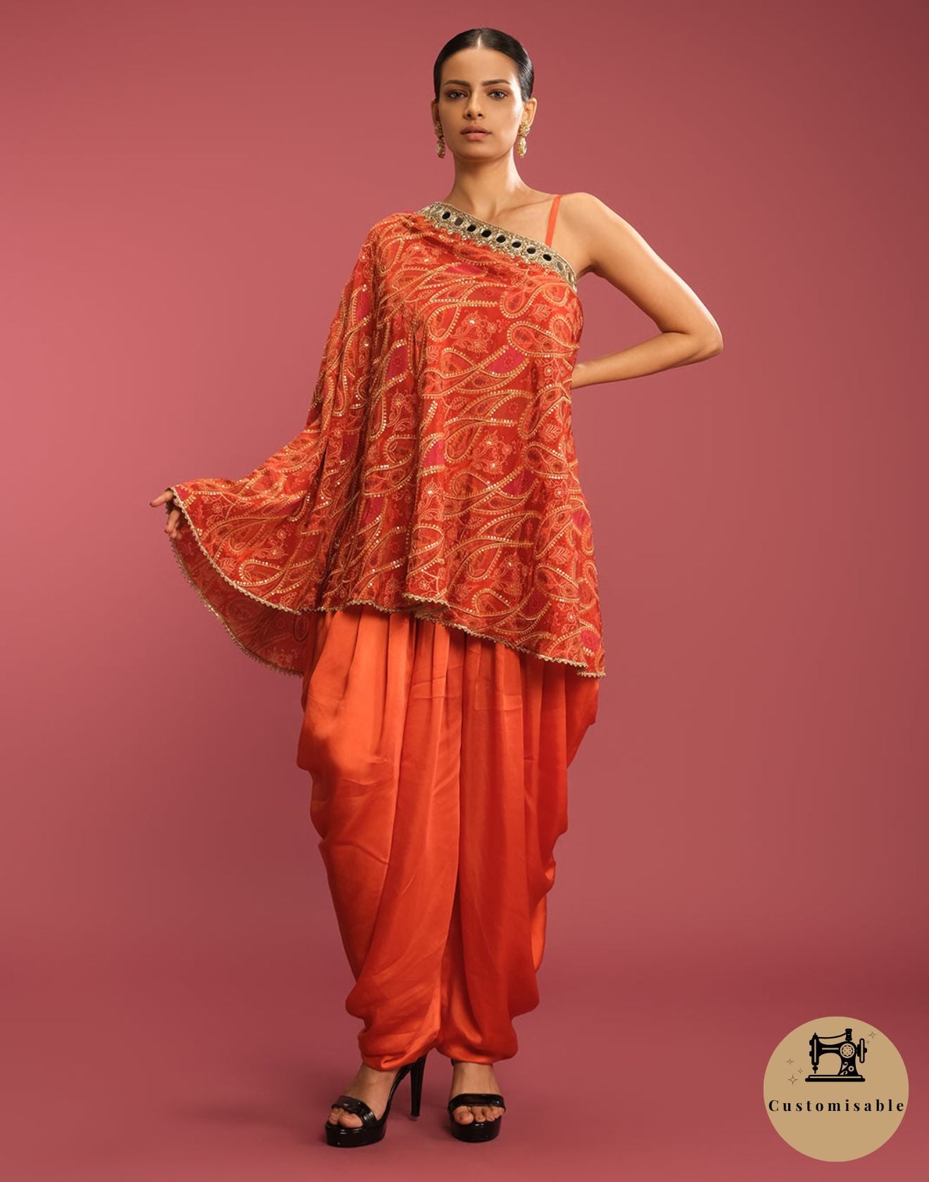 Persimmon Pop Paisley Printed Off-Shoulder Cape With Dhoti Pant Set
