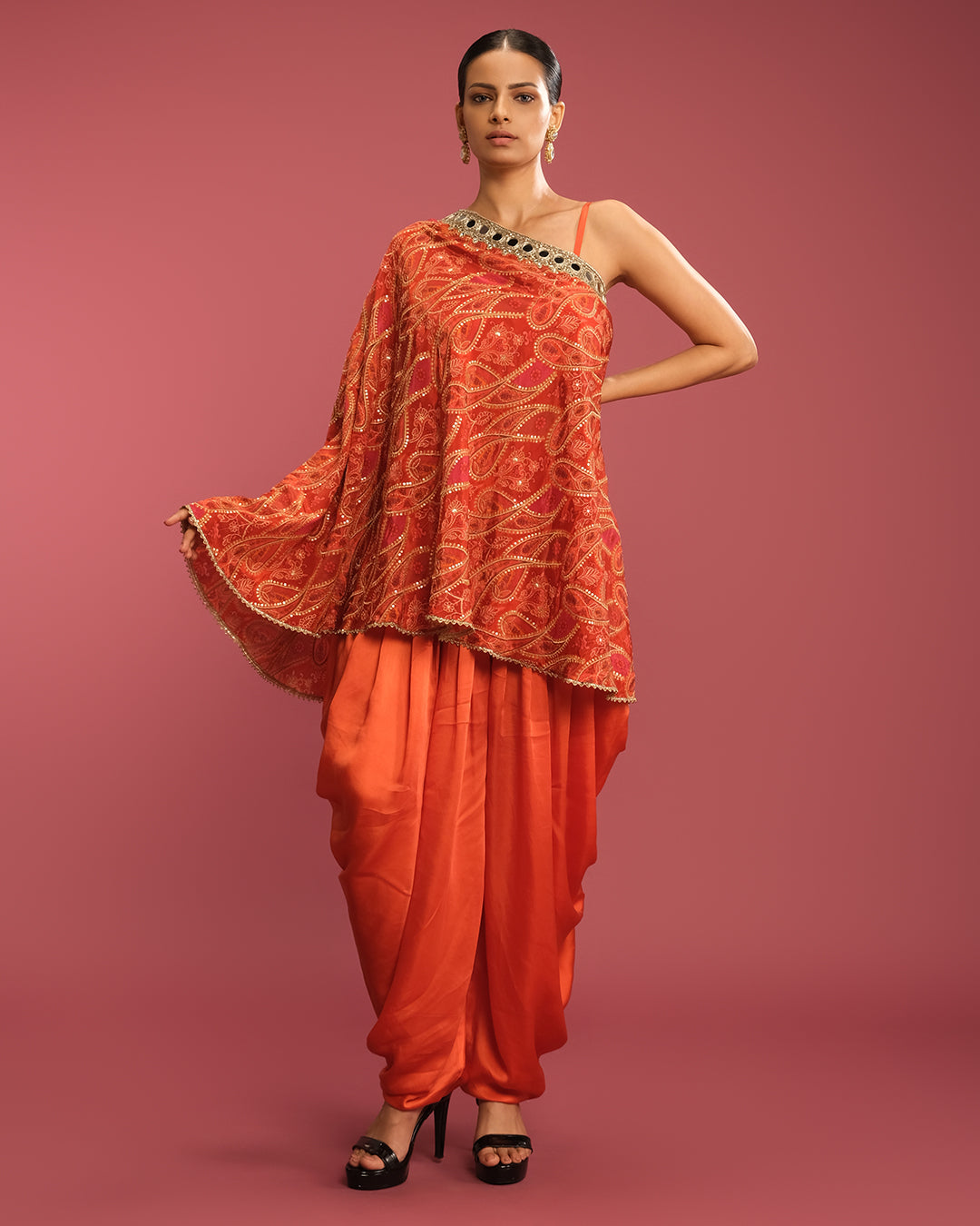 Persimmon Pop Paisley Printed Off-Shoulder Cape With Dhoti Pant Set