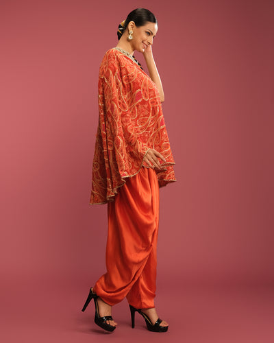 Persimmon Pop Paisley Printed Off-Shoulder Cape With Dhoti Pant Set