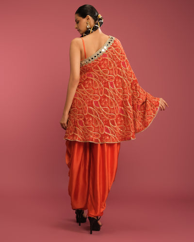 Persimmon Pop Paisley Printed Off-Shoulder Cape With Dhoti Pant Set