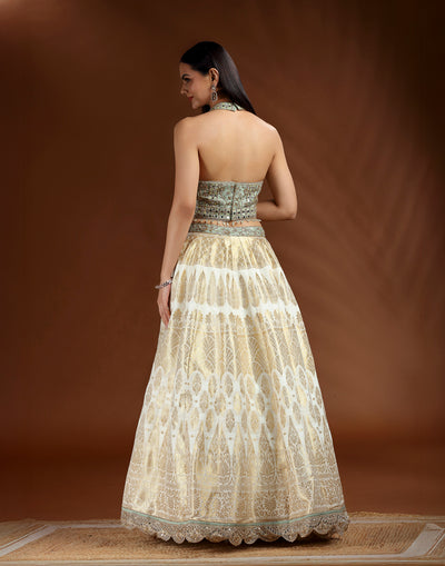 Pista Green Embroidered Blouse WIth White Banarasi Lehenga Set