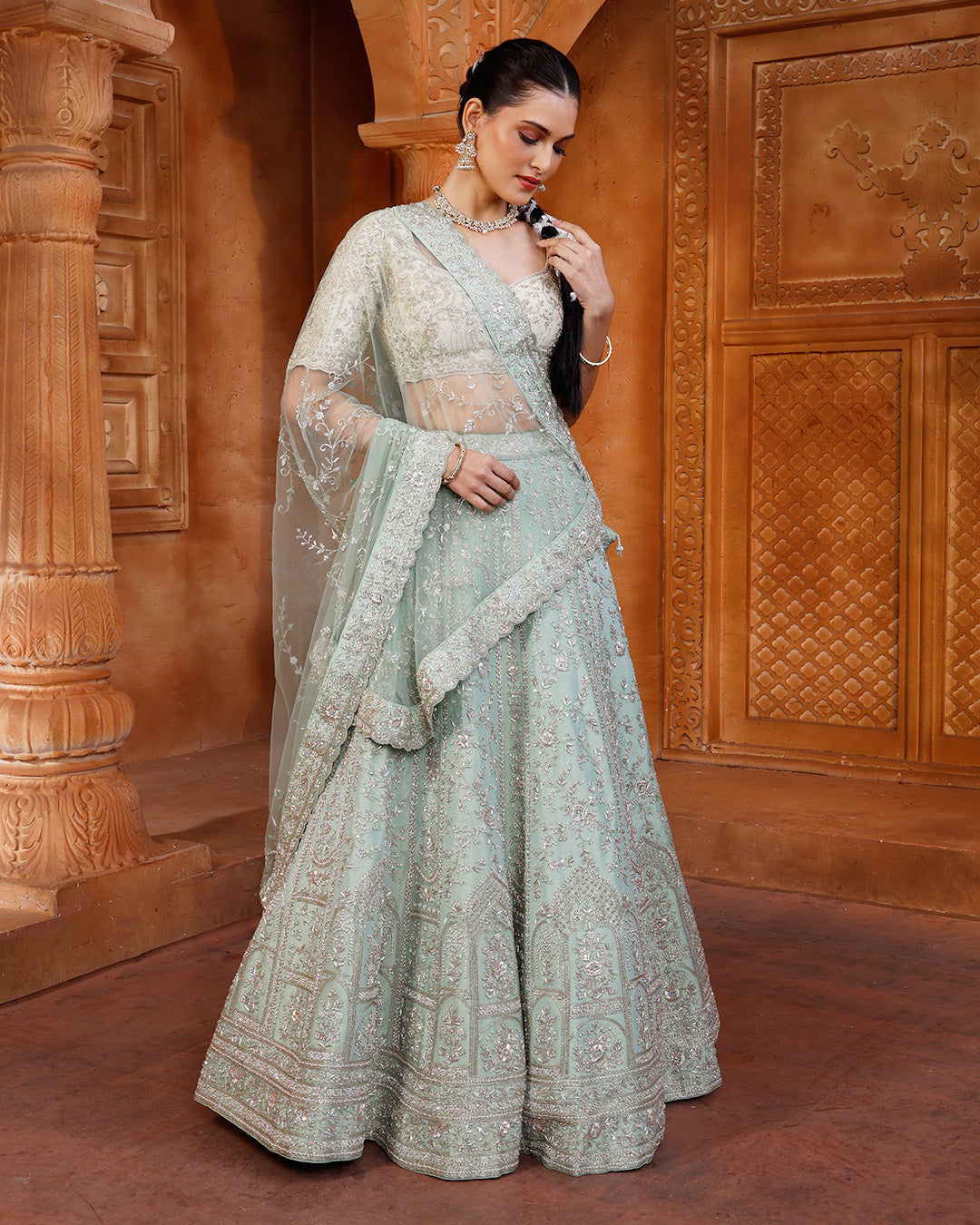 Pistachio Pearl Hand Embroidered Lehenga With Unstitched Blouse Fabric
