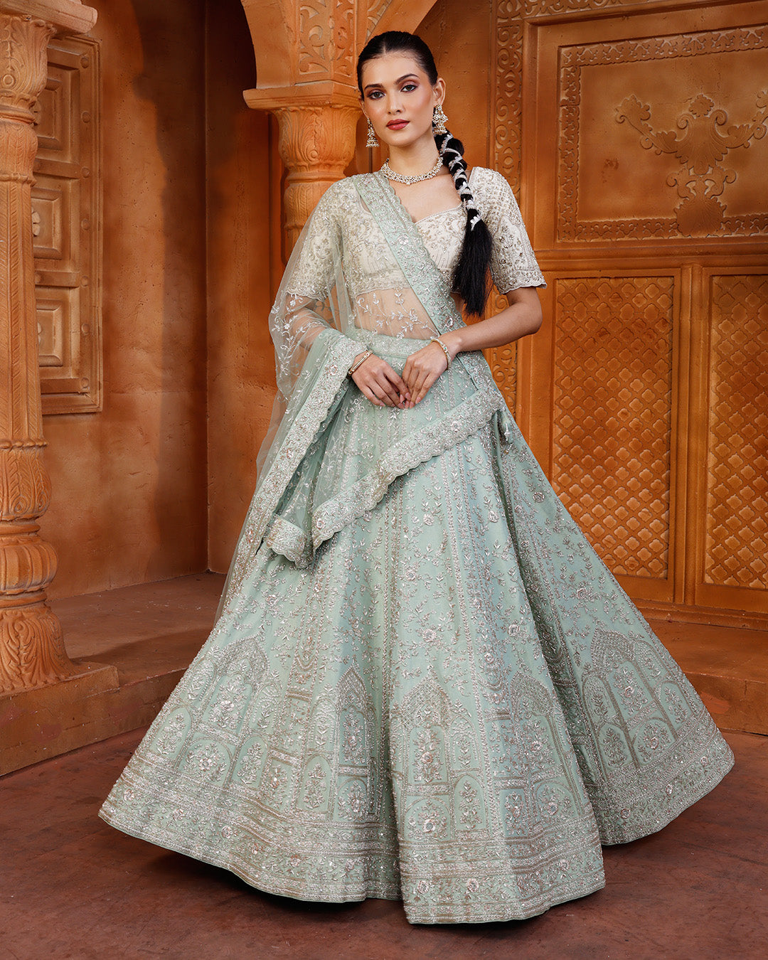 Pistachio Pearl Hand Embroidered Lehenga With Unstitched Blouse Fabric