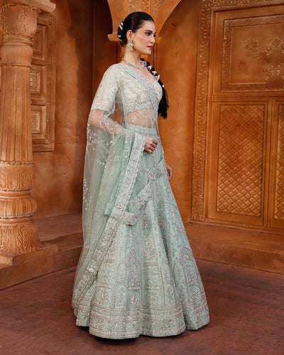 Pistachio Pearl Hand Embroidered Lehenga With Unstitched Blouse Fabric