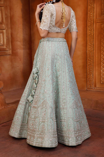 Pistachio Pearl Hand Embroidered Lehenga With Unstitched Blouse Fabric