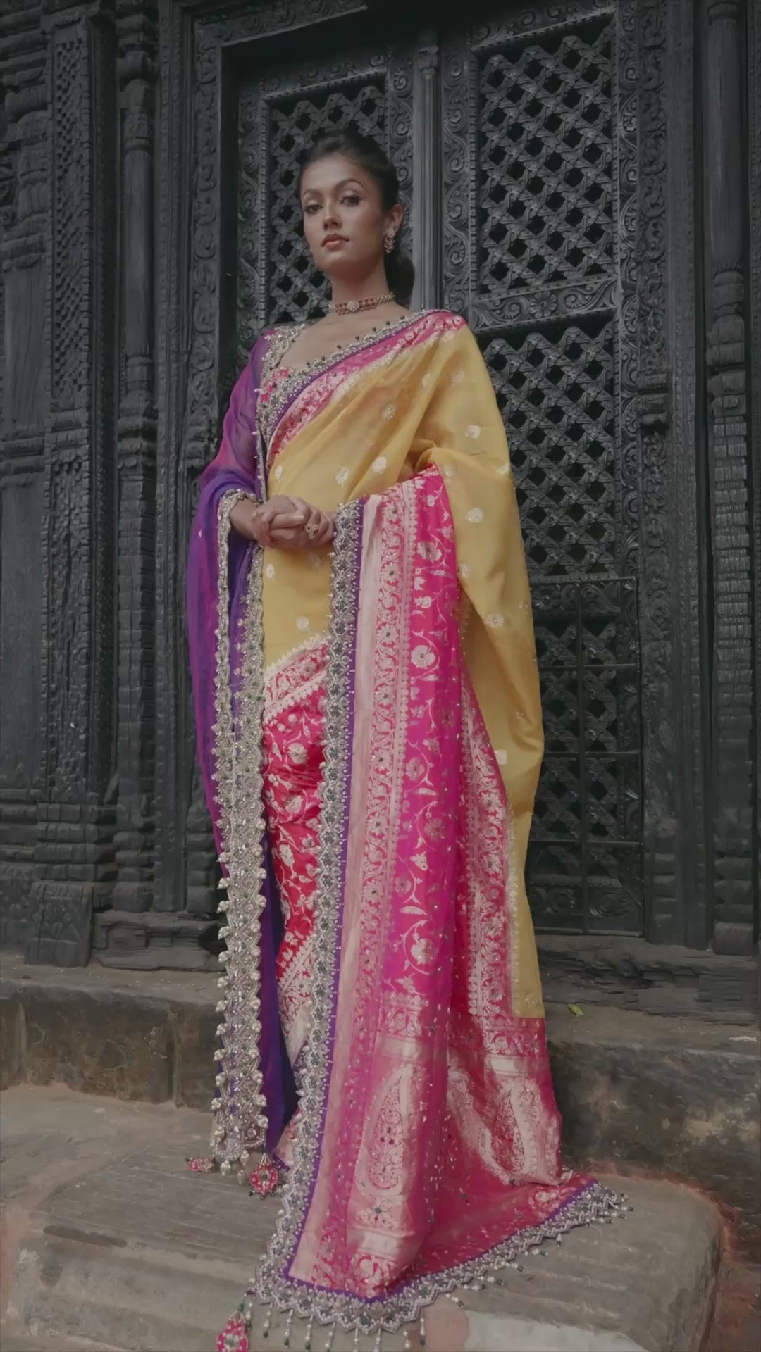 Amber Yellow & Raani Pink Banarasi Saree With Embroidered Blouse & Two Tone Organza Dupatta