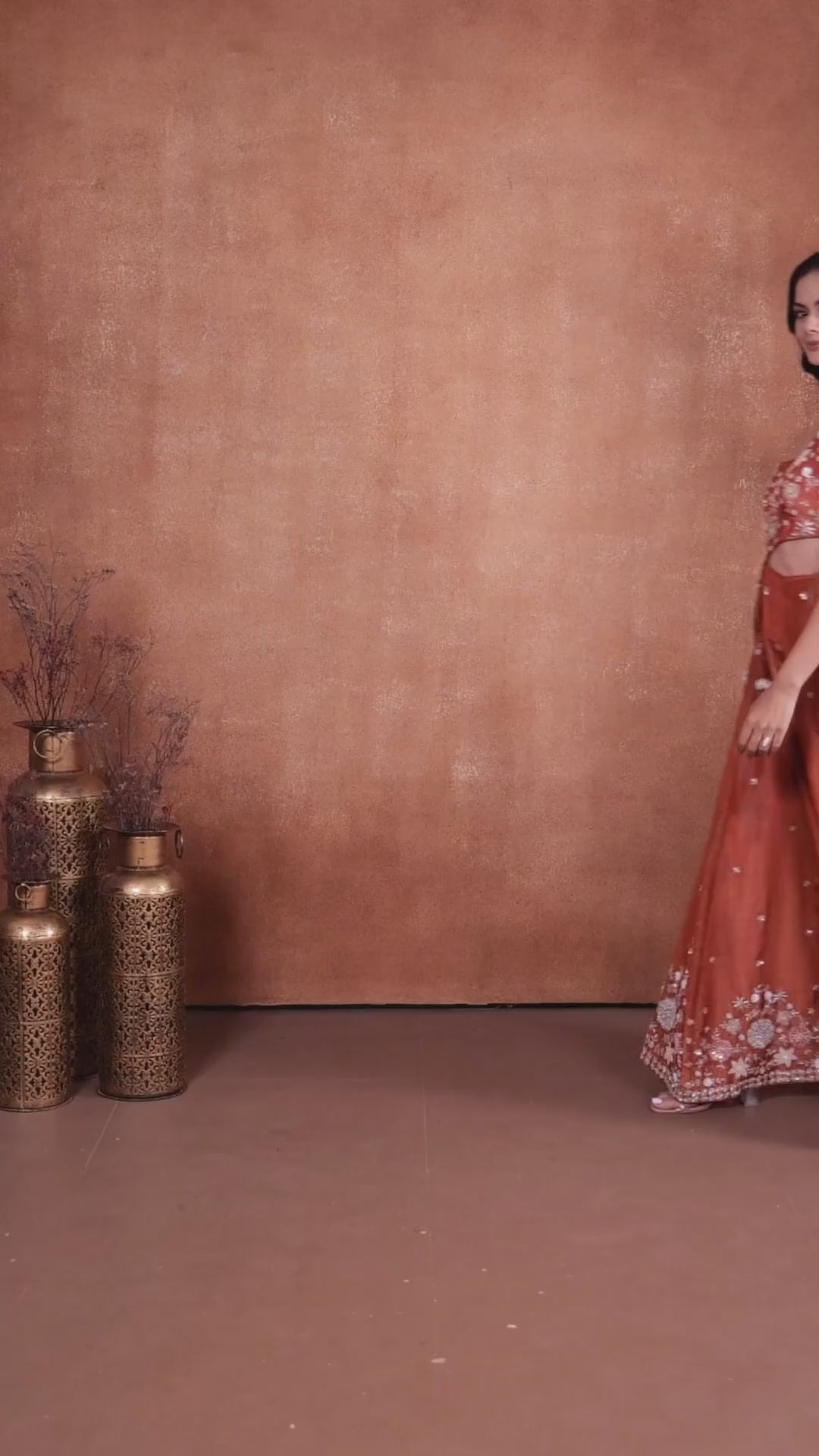 Rust Orange Embellished Tissue Silk Jumpsuit