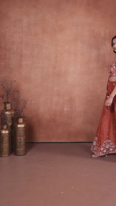 Rust Orange Embellished Tissue Silk Jumpsuit