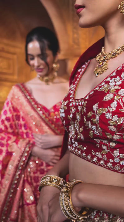 Rosette Red Embroidered Bridal Lehenga For Pheras