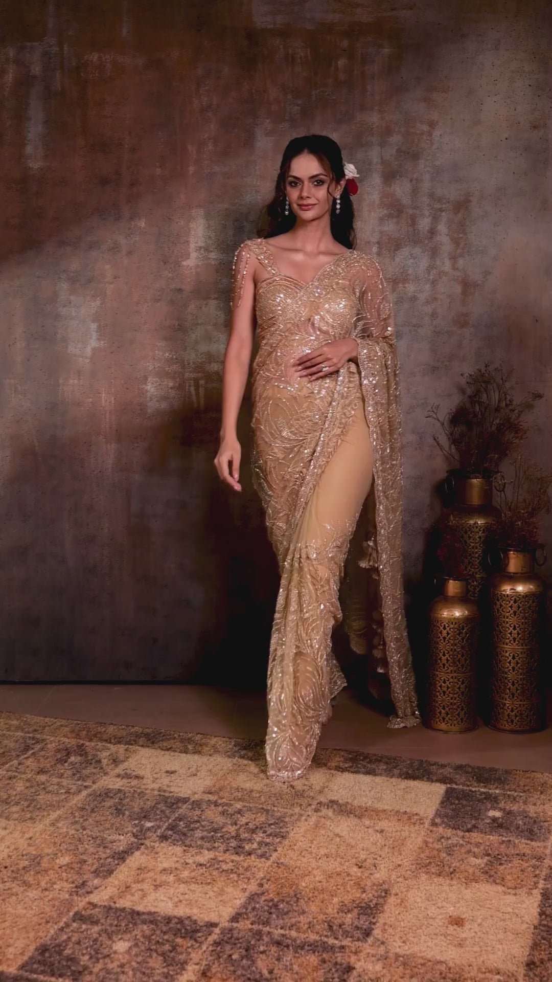 Dazzling Gold Embellished Pre-Stitched Saree