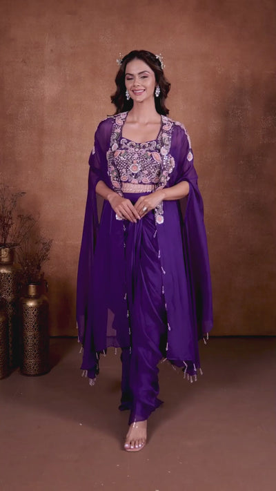 Enchanted Purple Embellished Bustier With Jacket & Drape Skirt Set