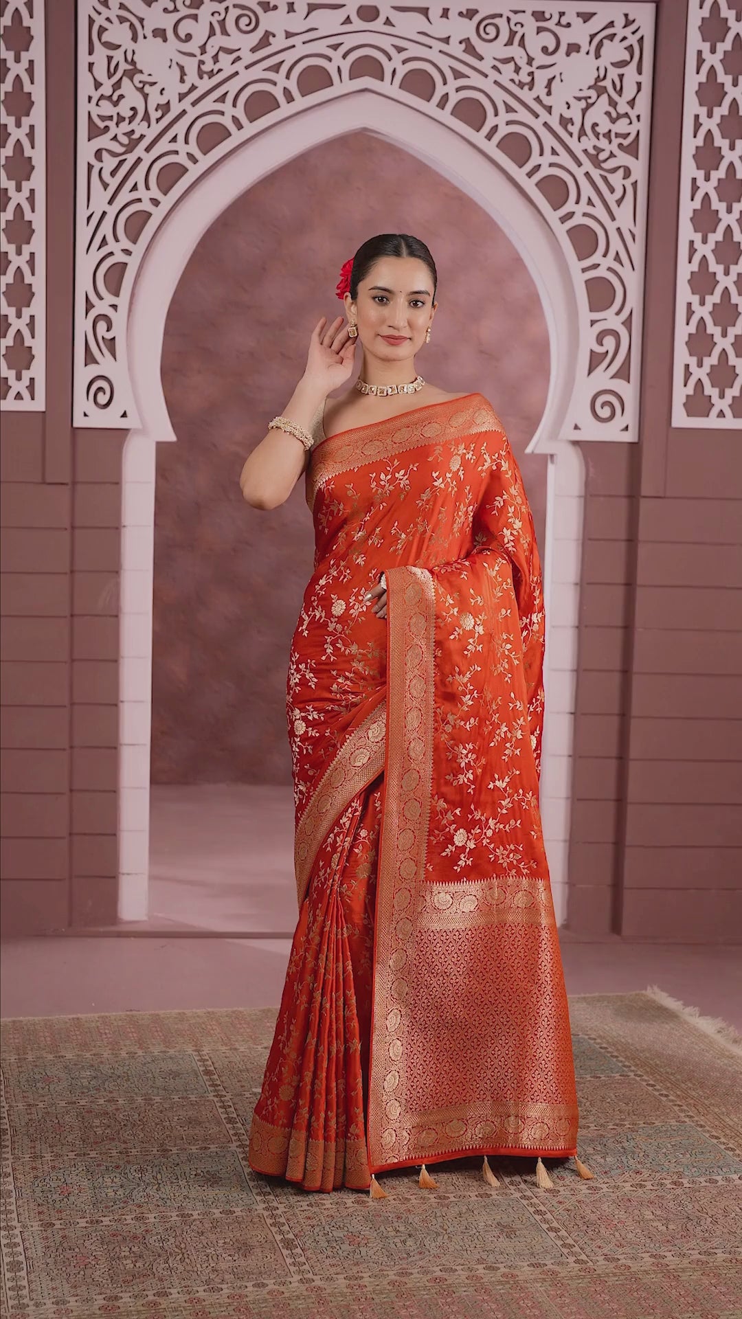 Rust Orange Floral Jaal Woven Dola Silk Saree