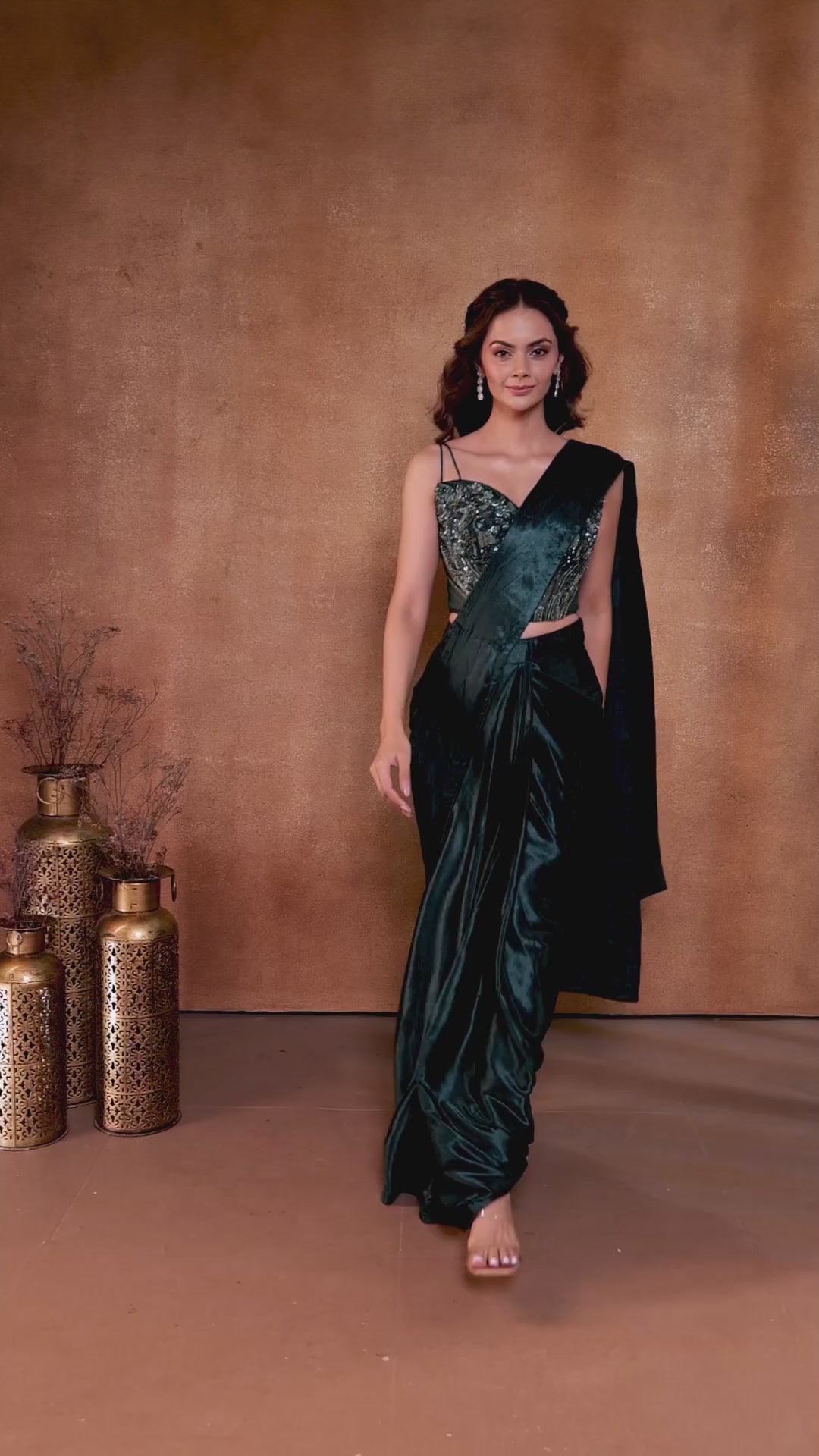 Shining Emerald Pre-Draped Saree With Cocktail Corset Blouse