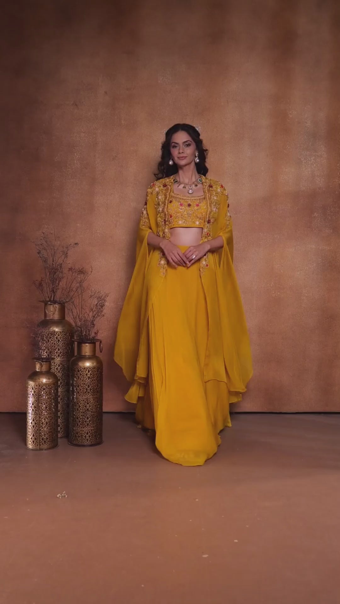 Mustard Yellow Embroidered Bustier With Jacket & Skirt Set