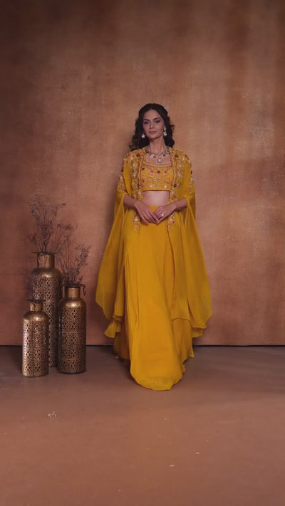Mustard Yellow Embroidered Bustier With Jacket & Skirt Set