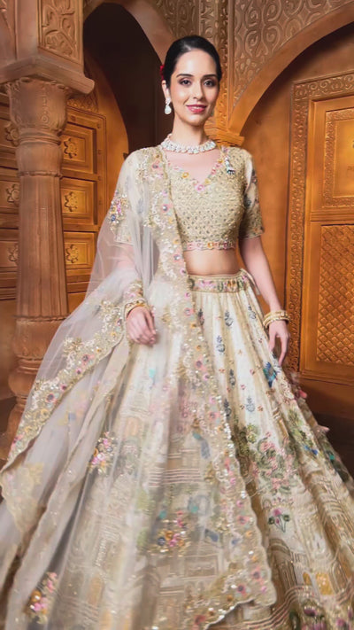 Lustre Ivory Jharokha Embroidered Pure Silk Bridal Lehenga Set