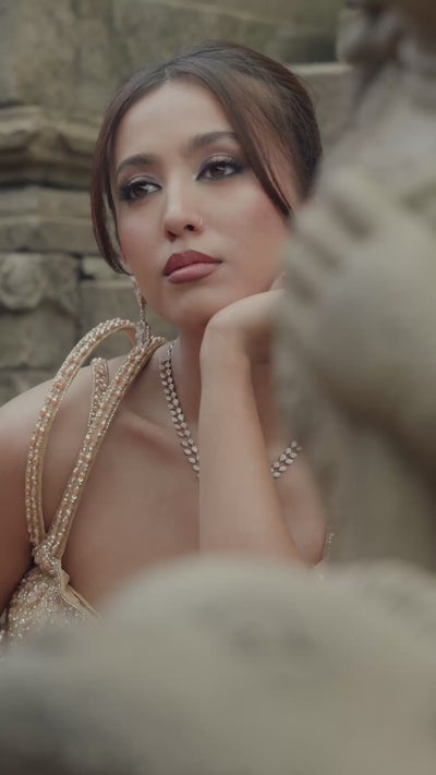 Champagne Gold Fish Cut Cocktail Lehenga