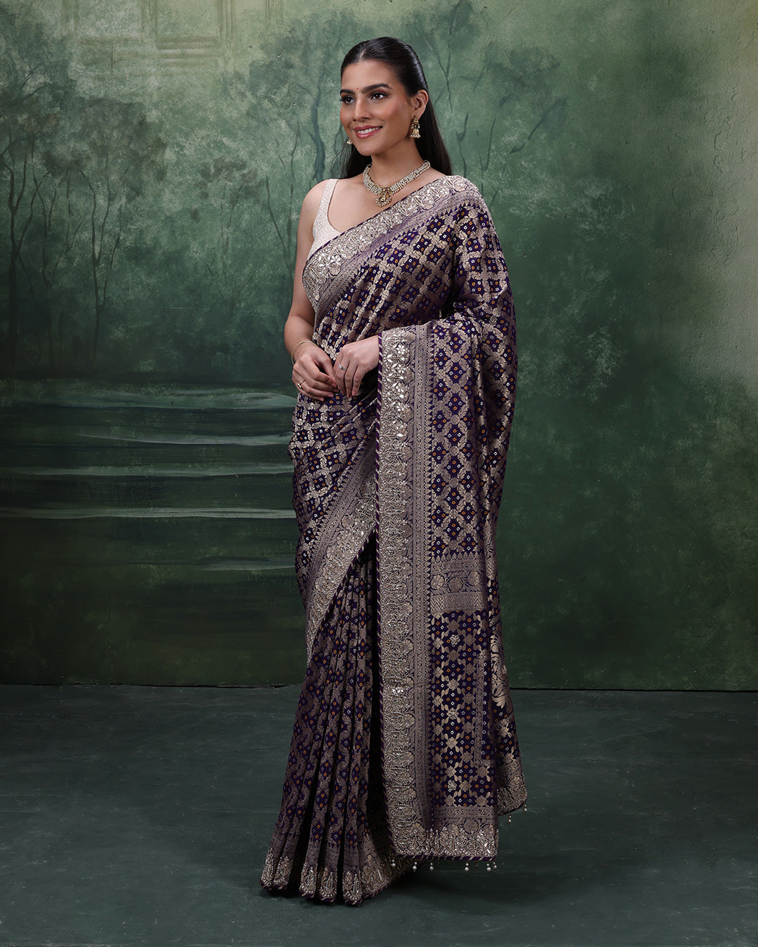 Purple Noor Bandhej Georgette Saree With Unstitched Blouse Fabric