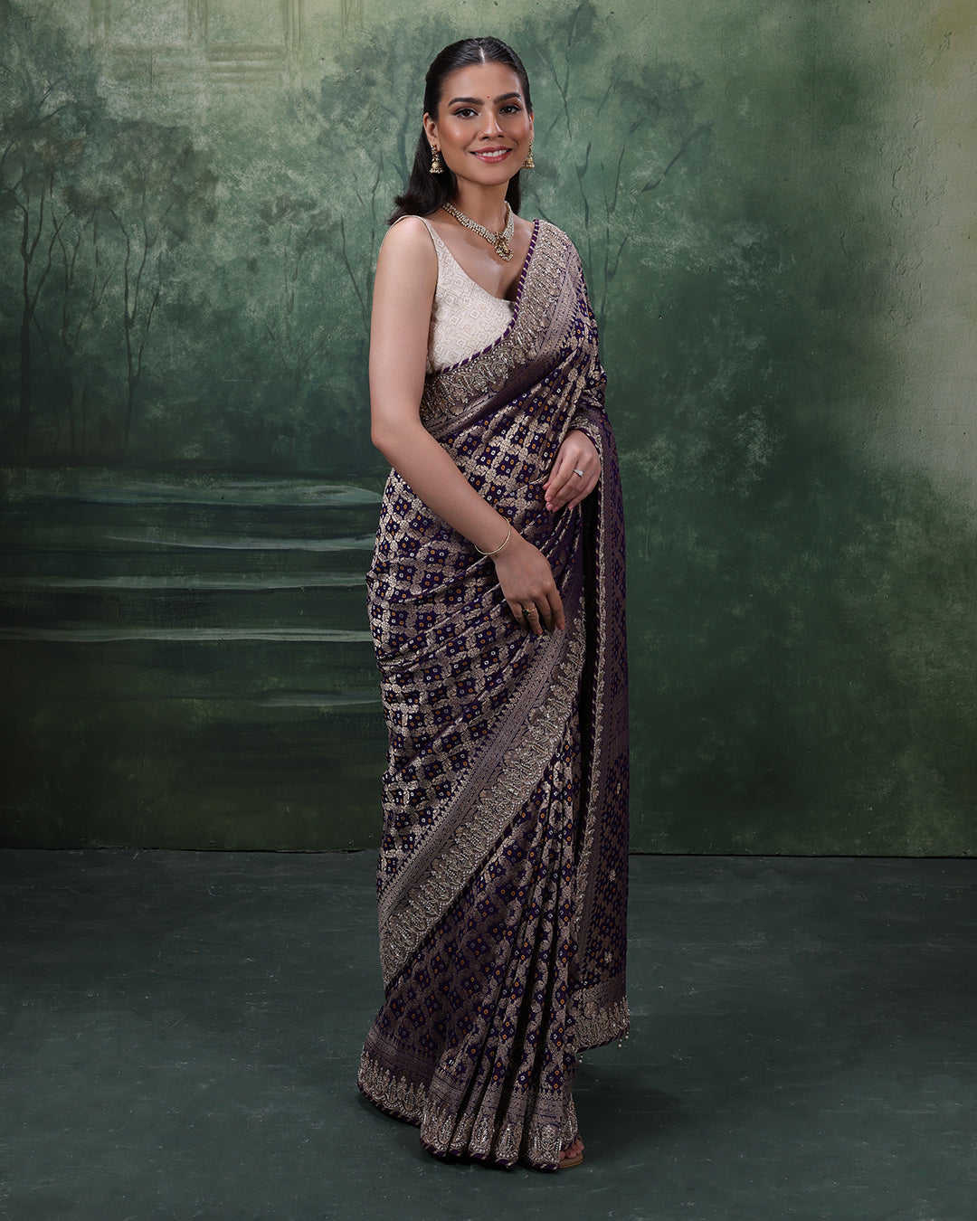 Purple Noor Bandhej Georgette Saree With Unstitched Blouse Fabric