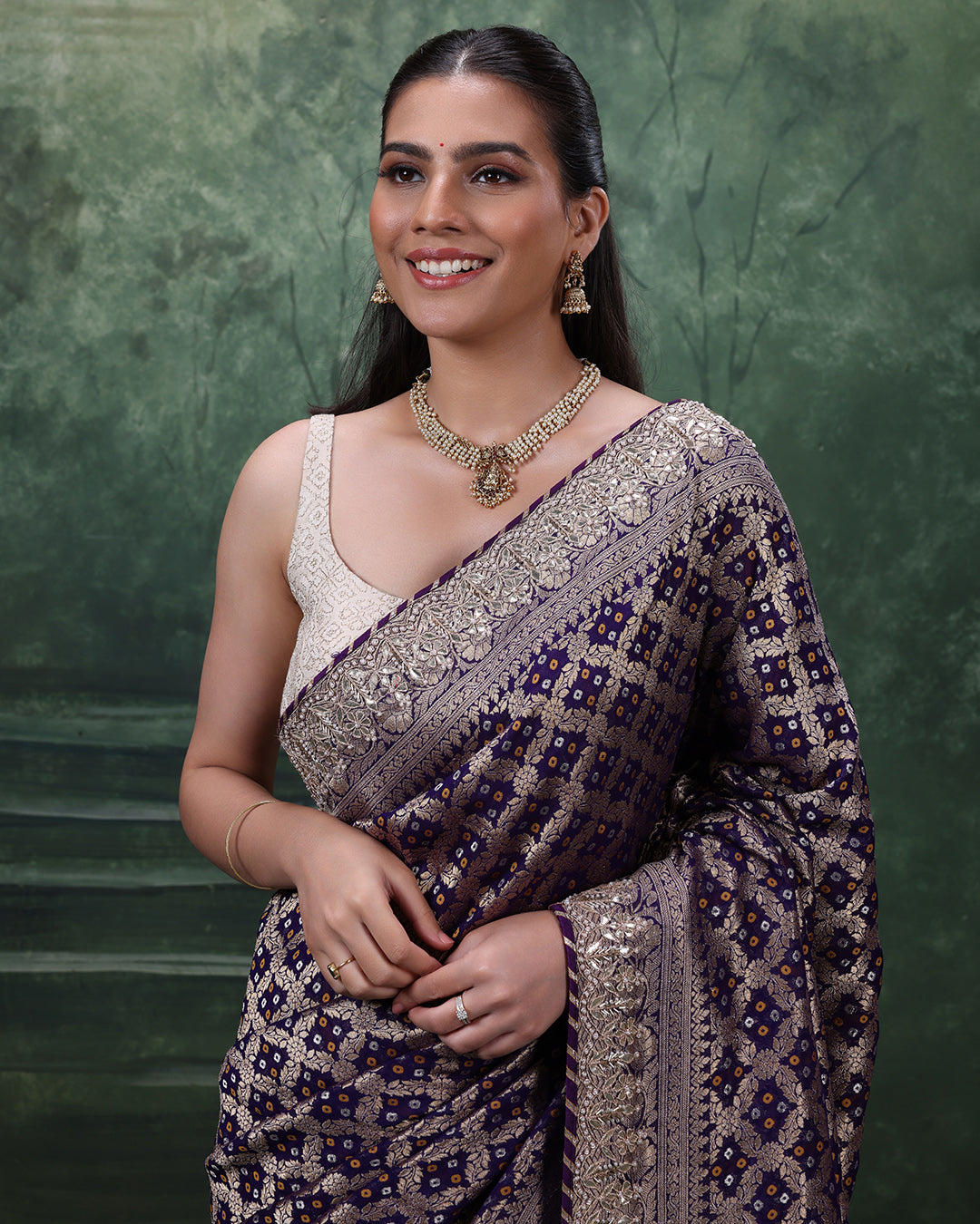 Purple Noor Bandhej Georgette Saree With Unstitched Blouse Fabric