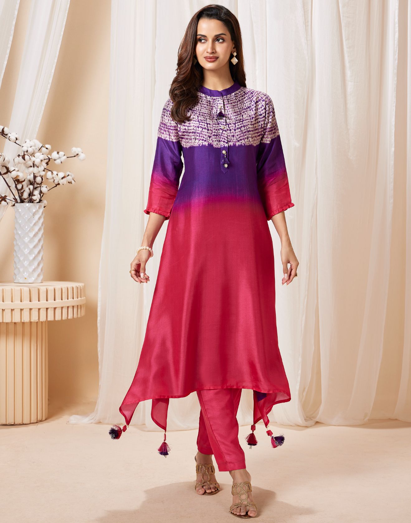 Purple & Pink Ombre Batik Print Kurta Set