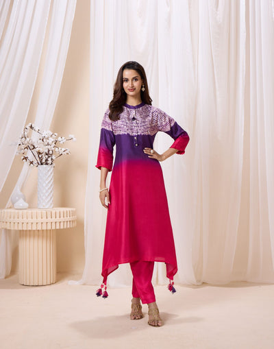Purple & Pink Ombre Batik Print Kurta Set