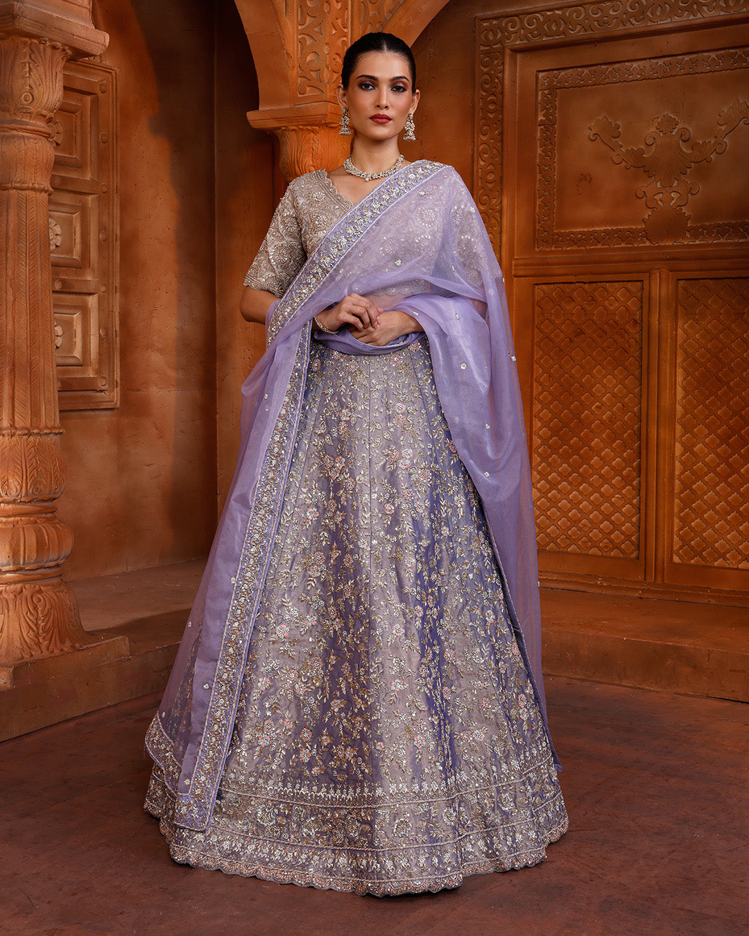 Radiant Iris Hnad Embroidered Bridal Lehenga Set With Unstitched Blouse Fabric