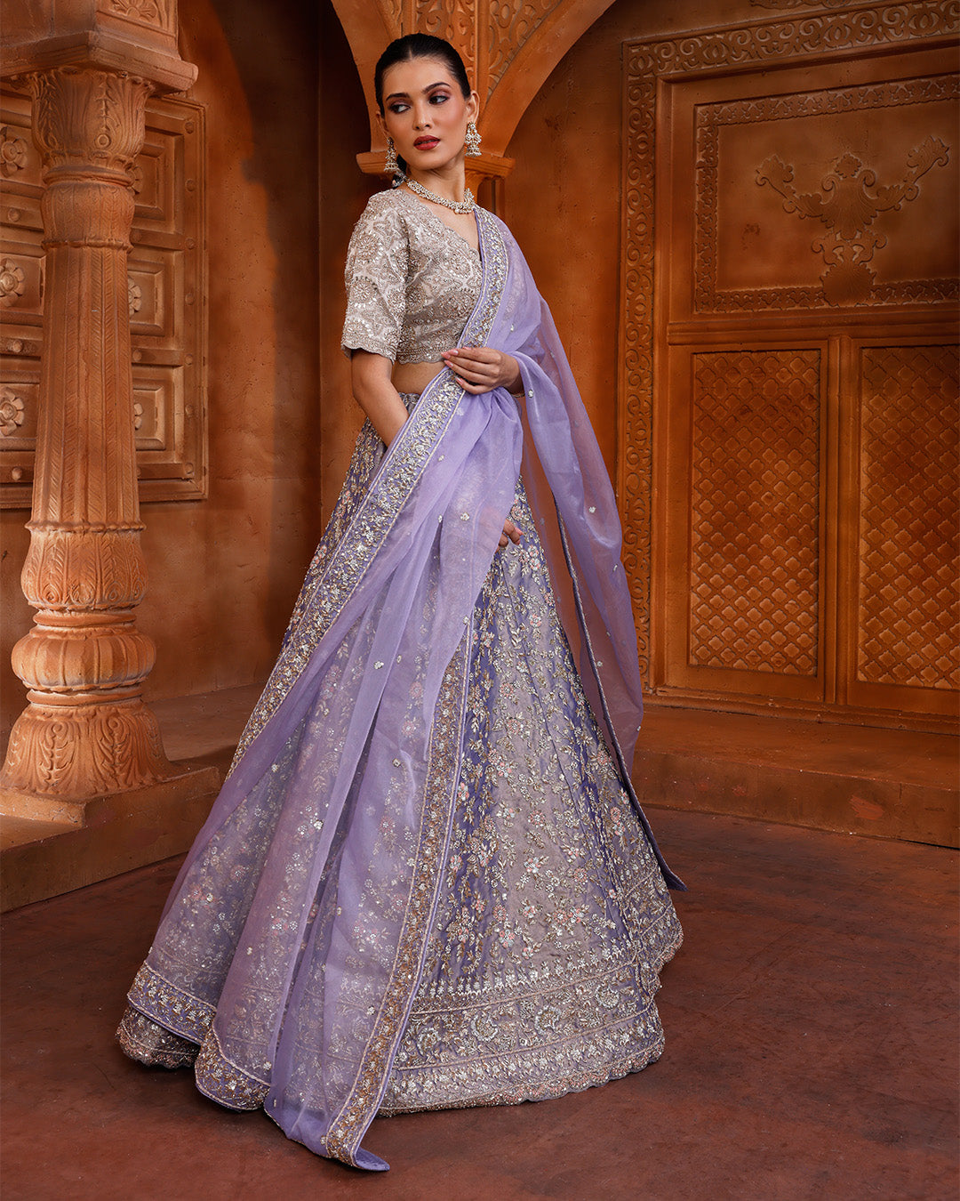 Radiant Iris Hnad Embroidered Bridal Lehenga Set With Unstitched Blouse Fabric
