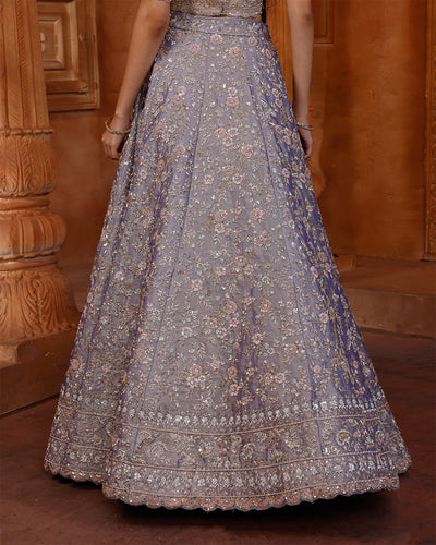 Radiant Iris Hnad Embroidered Bridal Lehenga Set With Unstitched Blouse Fabric