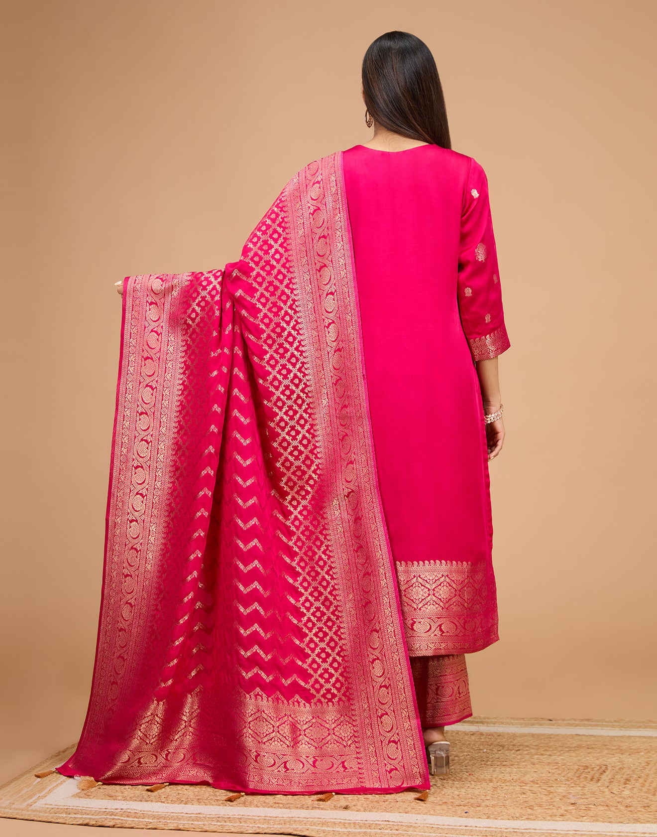 Rani Pink With Zari Design Crepe Silk Unstitched Suit Set