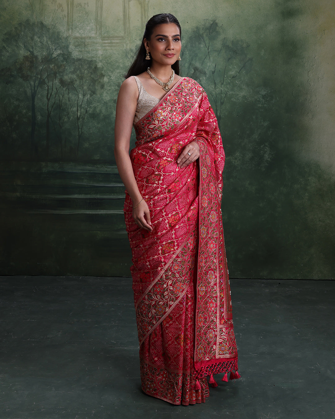 Rani Rangrez Bandhej With Woven Floral Festive Saree