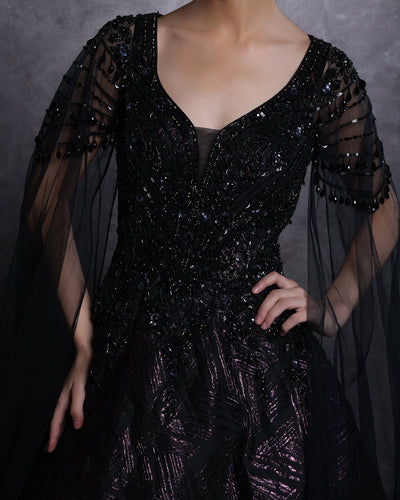Raven Black And Purple Mist Embellished Cocktail Gown