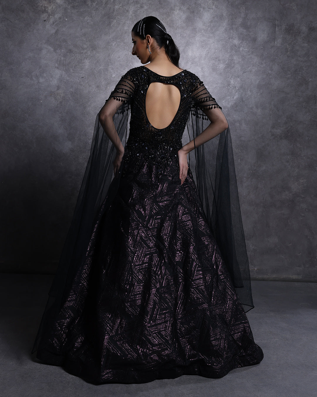 Raven Black And Purple Mist Embellished Cocktail Gown