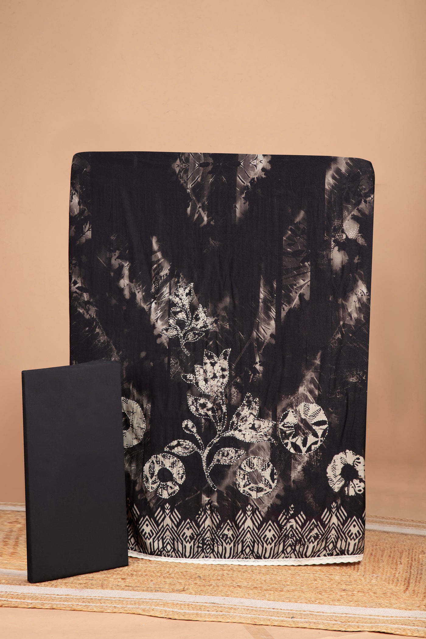 Raven Black Indigo Print Blended Silk Unstitched Suit Set