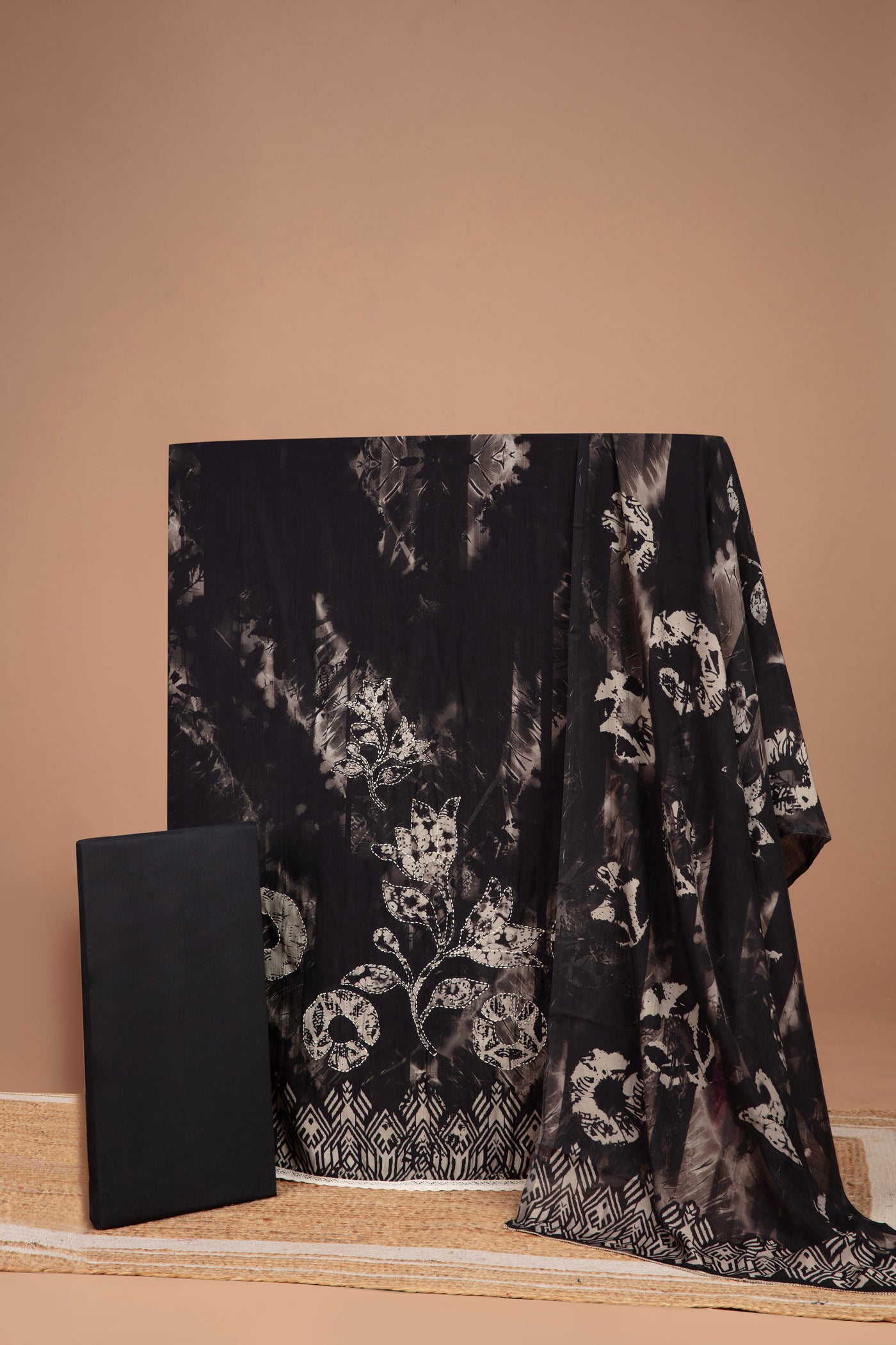 Raven Black Indigo Print Blended Silk Unstitched Suit Set