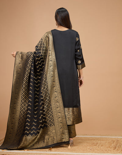 Raven Black With Zari Design Crepe Silk Unstitched Suit Set
