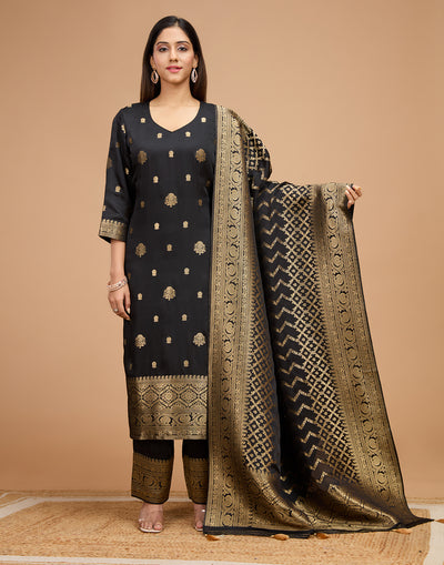 Raven Black With Zari Design Crepe Silk Unstitched Suit Set