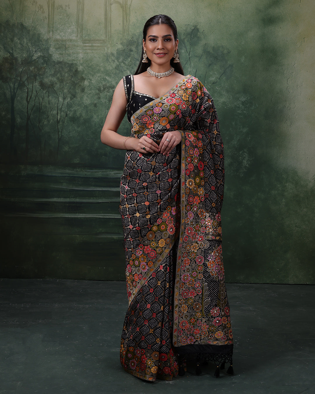 Raven Radiance Bandhej Silk Saree With Unstitched Blouse Fabric