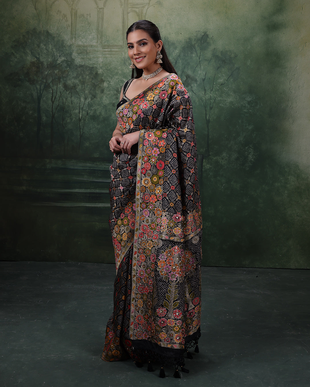 Raven Radiance Bandhej Silk Saree With Unstitched Blouse Fabric