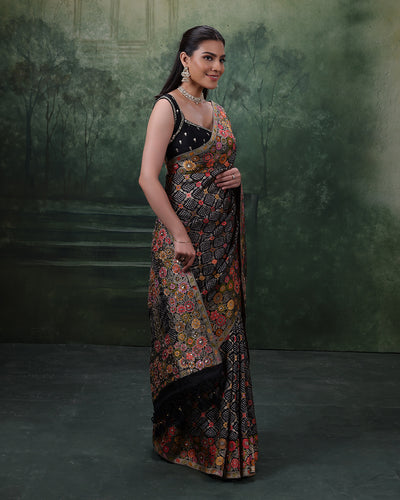 Raven Radiance Bandhej Silk Saree With Unstitched Blouse Fabric