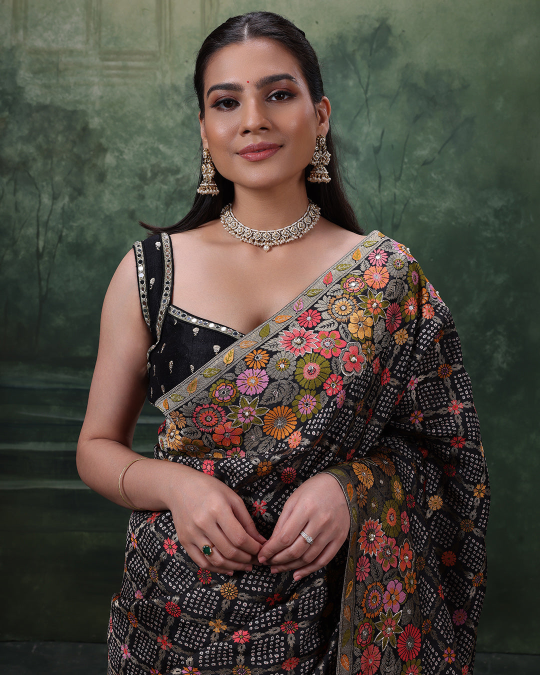 Raven Radiance Bandhej Silk Saree With Unstitched Blouse Fabric