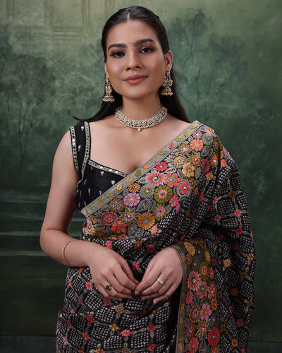 Raven Radiance Bandhej Silk Saree With Unstitched Blouse Fabric