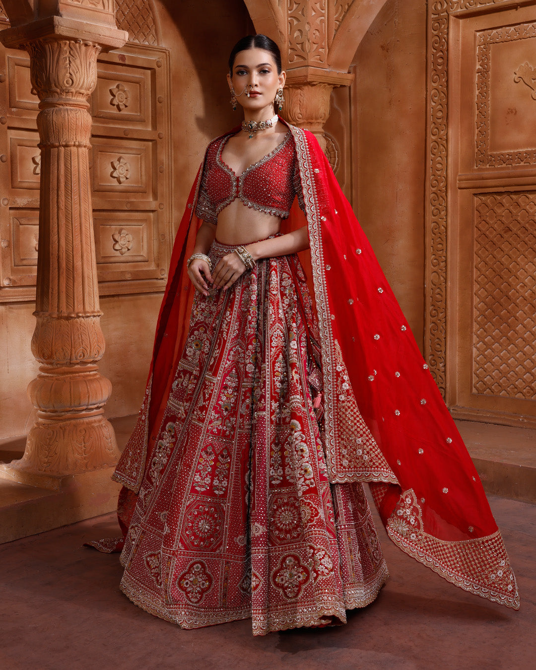 Red And Raani Embroidered Bridal Lehenga With Two Dupattas