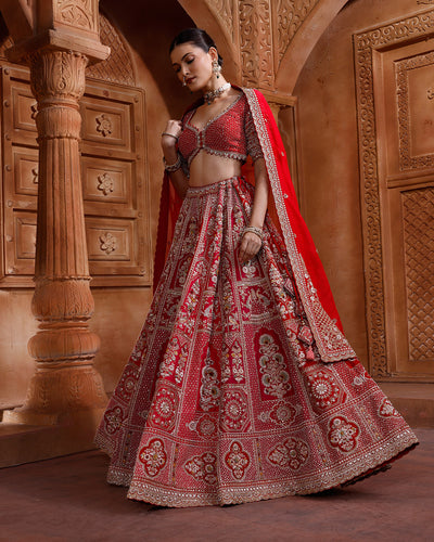 Red And Raani Embroidered Bridal Lehenga With Two Dupattas